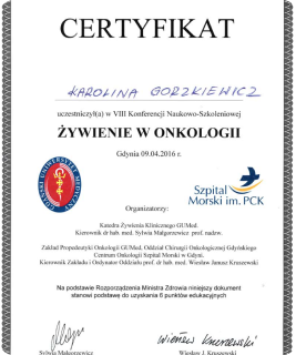 Karolina Gorzkiewicz certyfikat